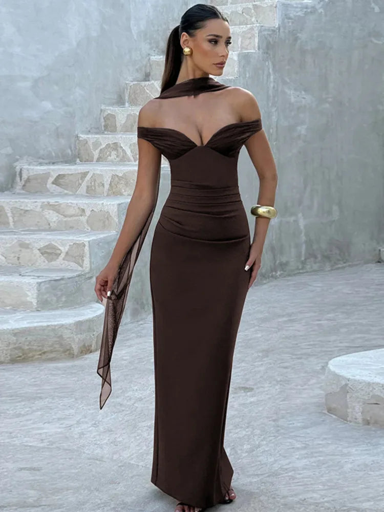 Elegant Off-shoulder Backless Sexy Maxi Dress Women Gown Fashion Scarf Collar Sleeveless Bodycon Club Party Long Dress voguable