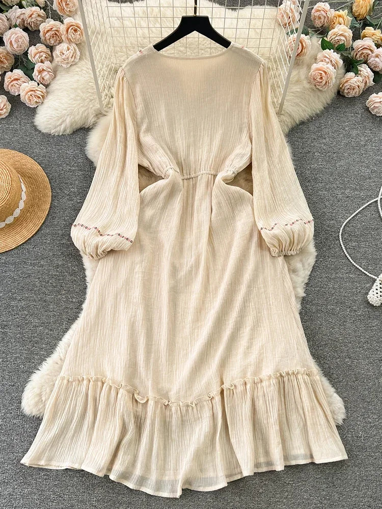 New Spring Summer Women Ethnic Style Retro Embroidered Mid Length Ruffle Edge Dress with Bubble Sleeves Bohemian Dress A38 voguable