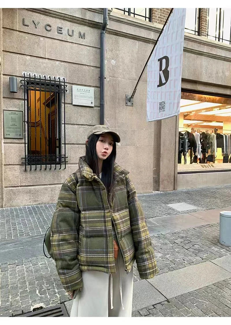 Retro Streetwear Y2K Plaid Parkas Women Winter Warm Thick Hip Hop Cotton Coat American Harajuku Stand Collar Bf Vintage Jacket voguable