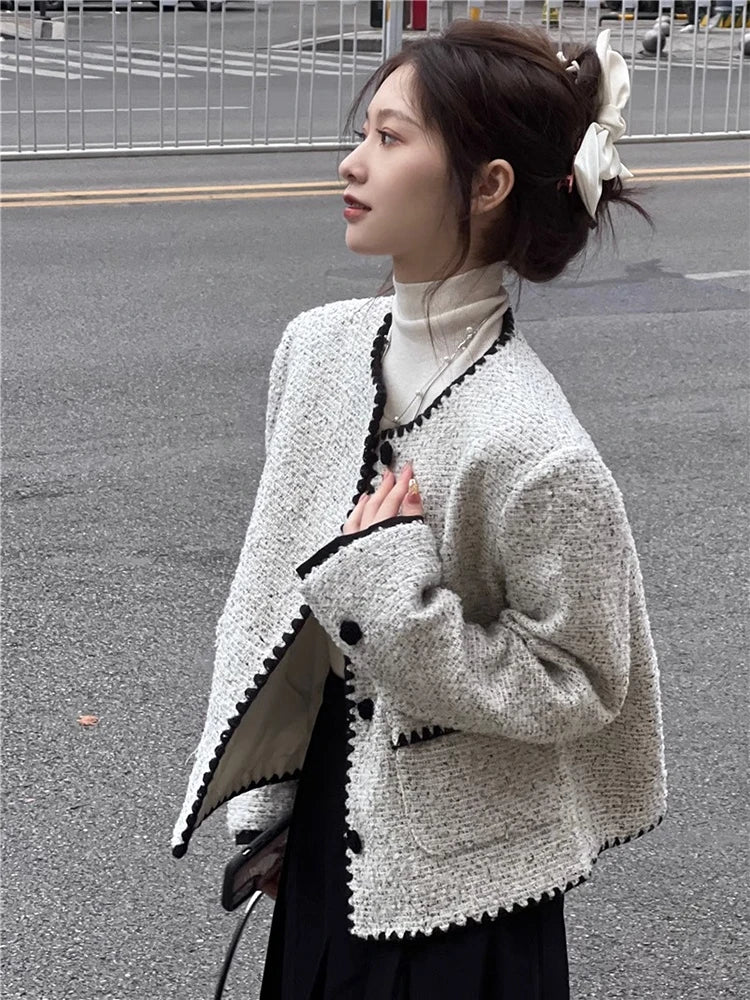 Voguable Jmprs Streetwear Sweet Tweed Jacket Women Fashion French Casual Faux Woolen Coat Autumn Winter Female Elegant Long Sleeve Jacket voguable