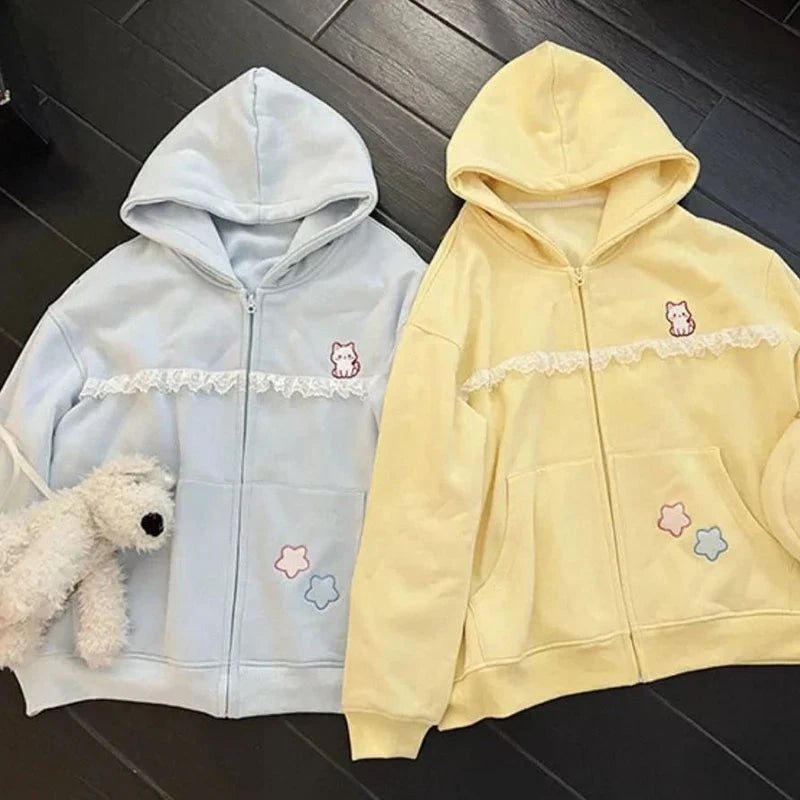 Women Cute Cartoon Hoodies Vintage Lace Patchwork Loose Sweet Sweatshirts Fall Preppy Style Japan Pockets Lady Kawaii Tops voguable