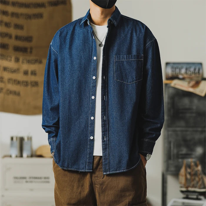 Autumn New Men's Long Sleeve Denim Shirt Classic Black Blue Loose Lapel Collar Coats Fashion Korean High Street Male Clothes Top voguable