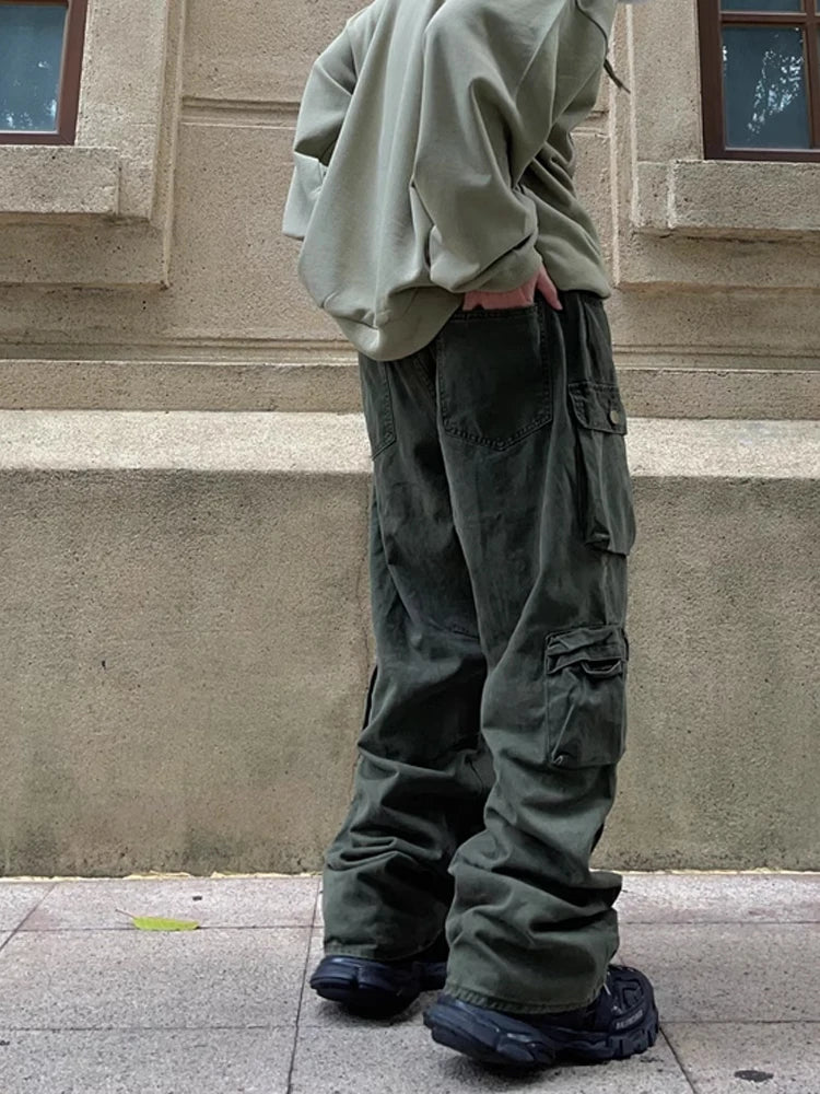 Street Popular White Multi-pocket Overalls Men's Harajuku Style Loose Casual Trousers Straight Mopping Pants Autumn New voguable