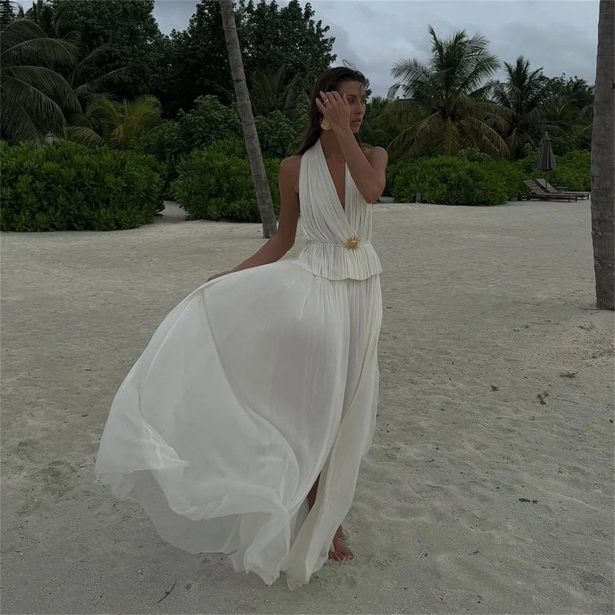 3Pcs White Swimsuit Women Sexy Swimwear Female Halter Bikini Push Up Biquini Long Skirt Deep V Bathingsuit Bodysuit Beachwear voguable