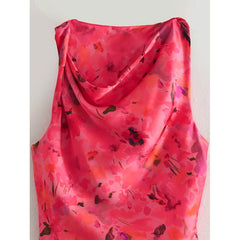Voguable  Sexy Women Twisted Round Neck Sleeveless Floral Print Satin Dress Side Gathers Slit Hem Female Summer Long Dresses voguable