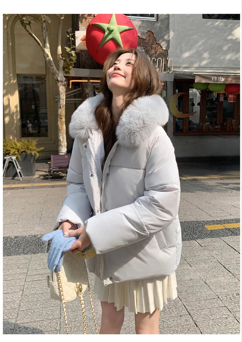 Preppy Style Sweet Parkas Women Cute Long Sleeve Vintage Faux Fox Hooded Cotton Coat Korean Winter Thick Warm New Outwear voguable