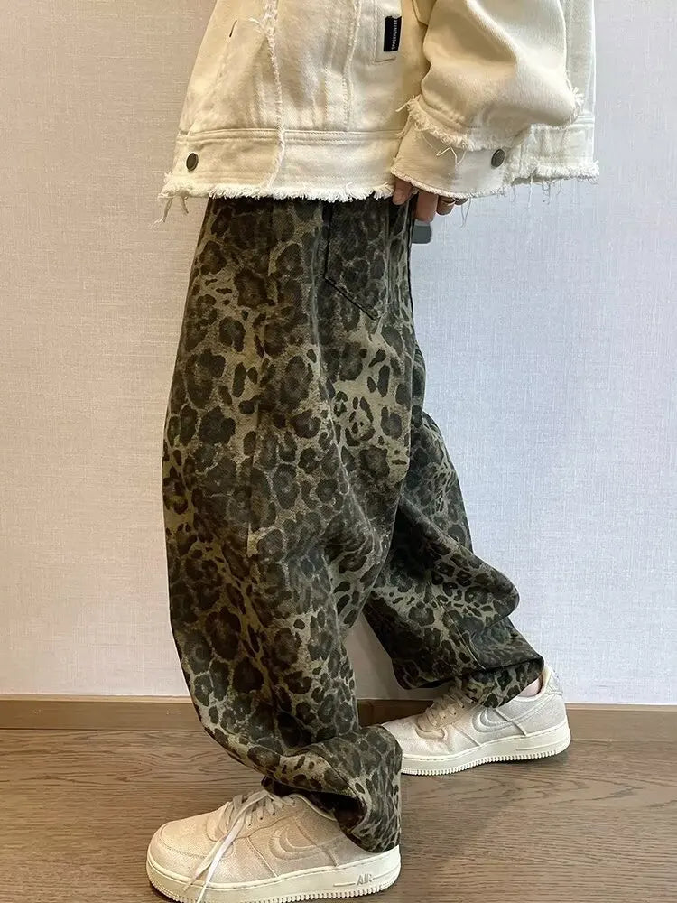 Autumn Tan Leopard Jeans Men Denim Pants Male Oversize Wide Leg Trousers Streetwear Hip Hop Vintage Loose Casual Animal Print voguable