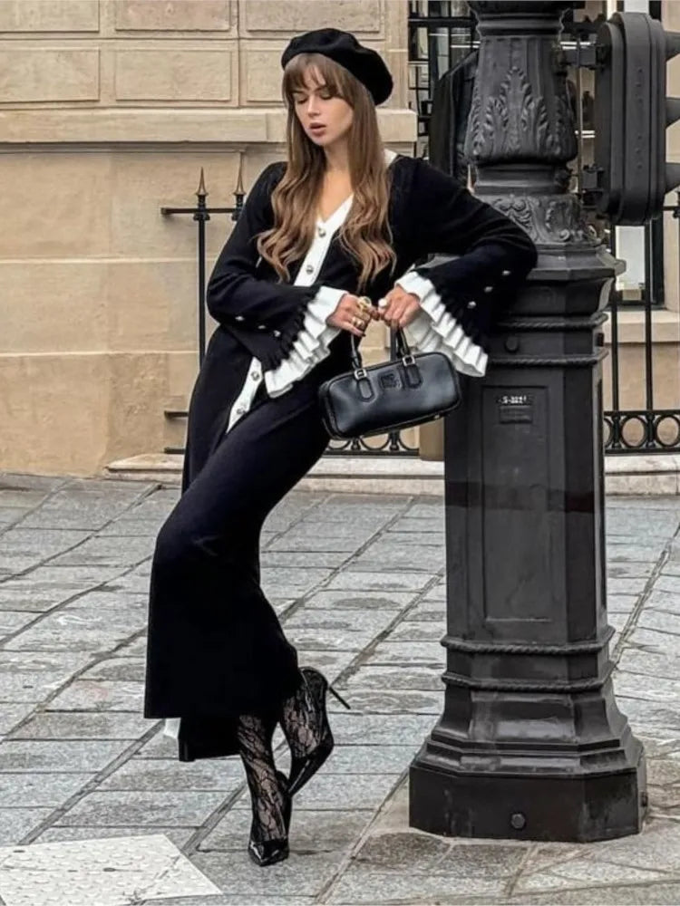 Winter Autumn Single Breated Elegant Knit Dress V-neck Flare Sleeve Patchwork Black Women Dress Chic Fashion Woman Cloting voguable