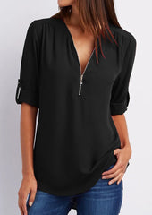 Summer Women Cool Loose Shirt Deep V Neck Chiffon Blouse Casual Ladies Tops Sexy Zipper Pullover Plus Size Long Sleeve Fashion voguable