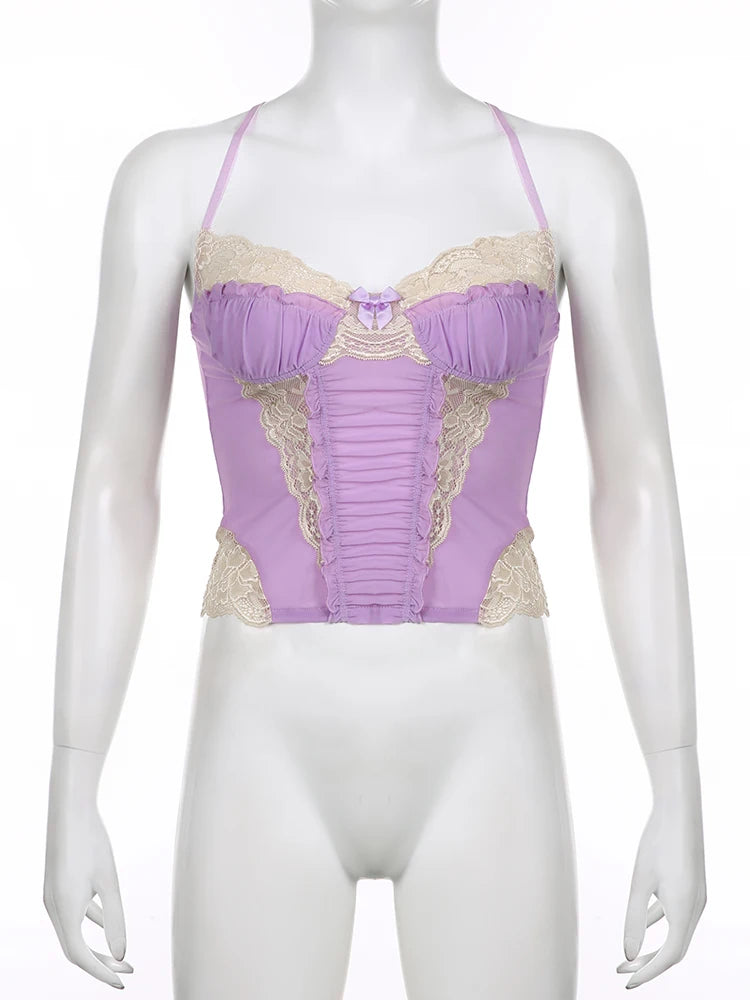 Voguable  y2k Lace Patchwork Purple Coquette Mesh Corset Women Sexy Backless Criss-cross Halter Camis Sweet Aesthetic Crop Top voguable