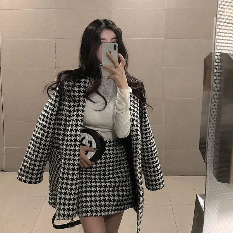 Voguable  Spring Autumn New Houndstooth Suit Women's Fashion Loose Double-Breasted Cotton Woolen Coat+High Waist Skirt Two-Piece Suit voguable