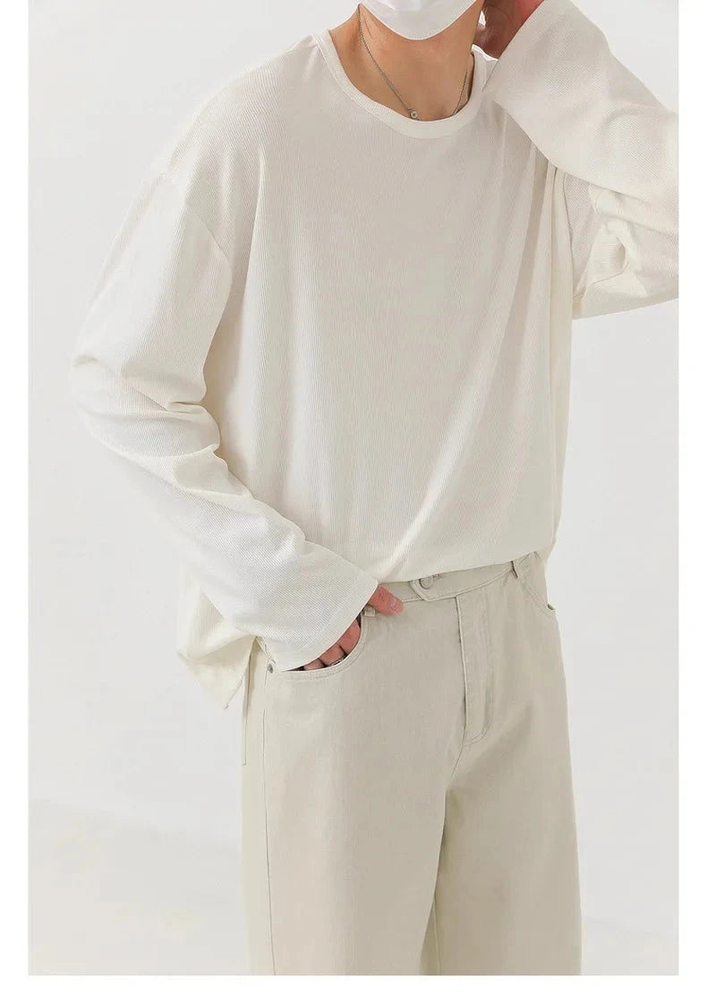 Korean Fashion Men T-shirt Luxury Knitted Solid Color Scoop Neck Long Sleeve Tees Casual Premium Quality Textured Knitwear M-3XL voguable