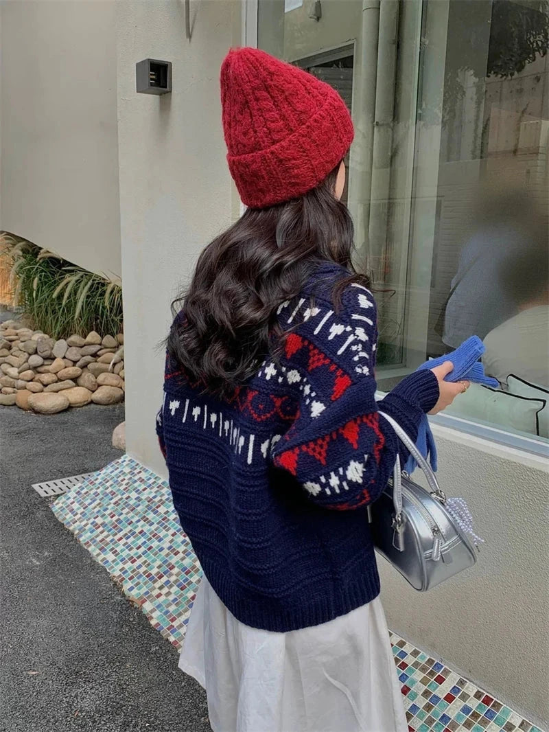 Retro Women Print Sweater Casual Korean Lazy Wind Sweet Knitted Jumpers Fall Winter Lady Long Sleeve Vintage Soft Pullover voguable