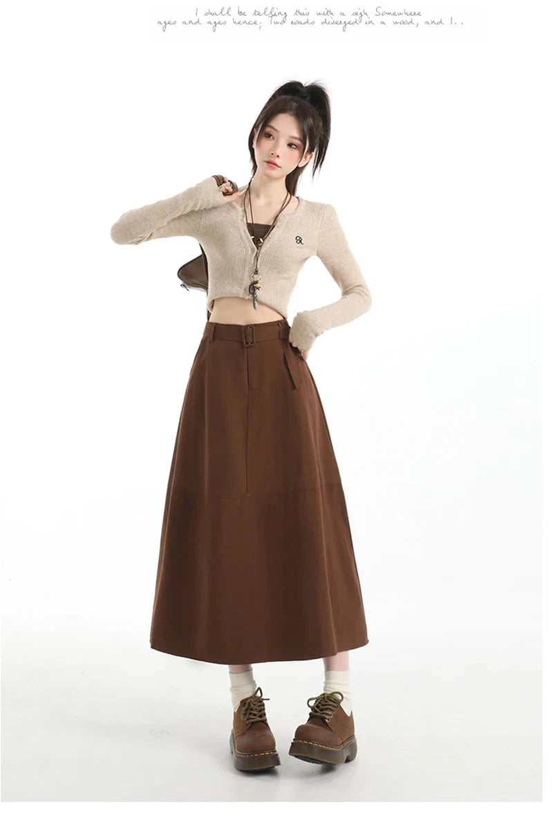 Retro Belt Long Skirt Women Casual Sweet High Waist A Line Skirts Preppy Style Fall Winter Lady Korean Vintage Long Skirts voguable