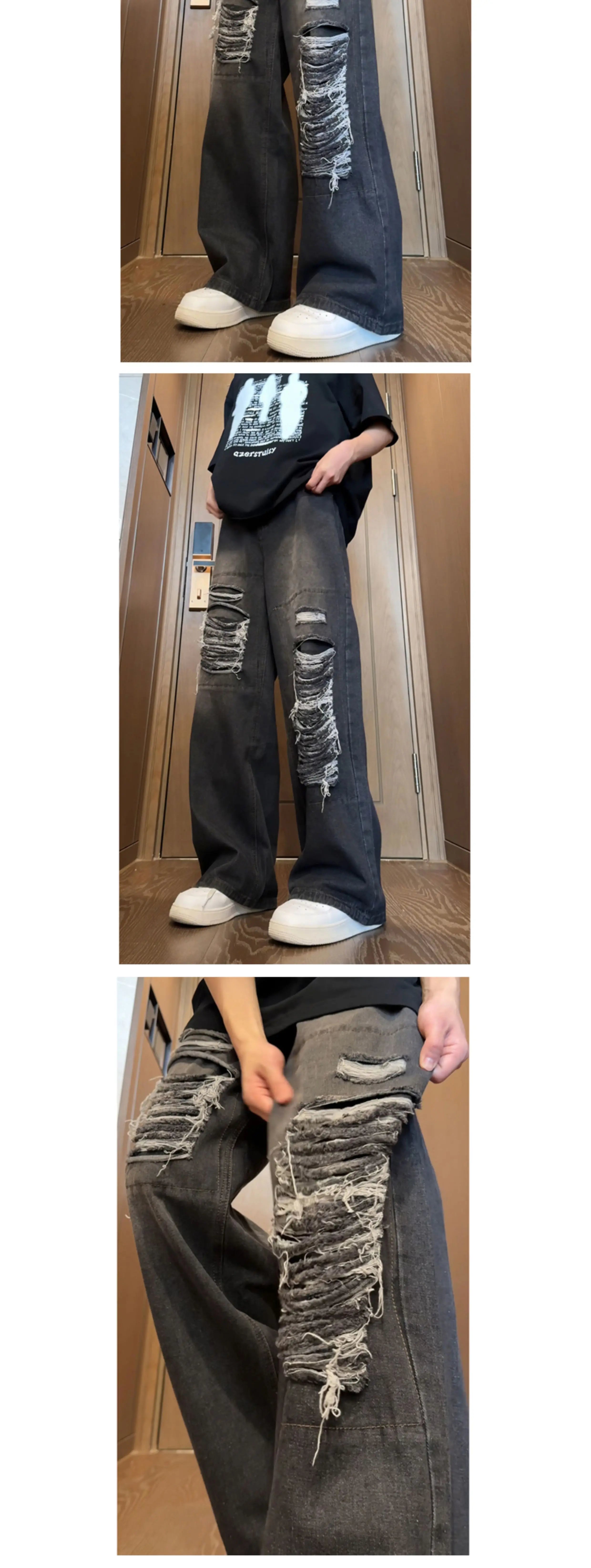 Beggar jeans men Vintage Streetwear Ripped Hole Jeans Men Women Harajuku Aesthetic Wide Leg Denim Trousers Unisex Straight Pants voguable
