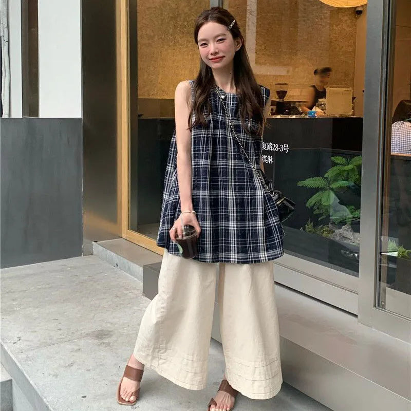 Japanese Sweet Plaid Shirt Women Summer Chic Patchwork Sleeveless Blouse Female New Loose Streetwear All Match O Neck Tops voguable