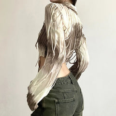 Goth Dark Tassel Tie Dye Fairy Grunge Sexy Blouses Gothic Vintage Y2k Frayed Women Crop Tops Streetwear Long Sleeve Slim T-shirt voguable