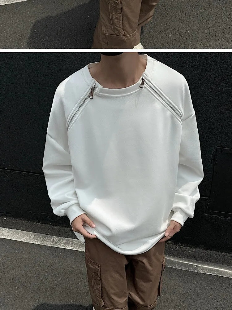 2025 Spring Men Sweatshirts Metal Zipper Solid Color Casual O Neck Fashion Oversize Streetwear Hip Hop Male White/Black voguable