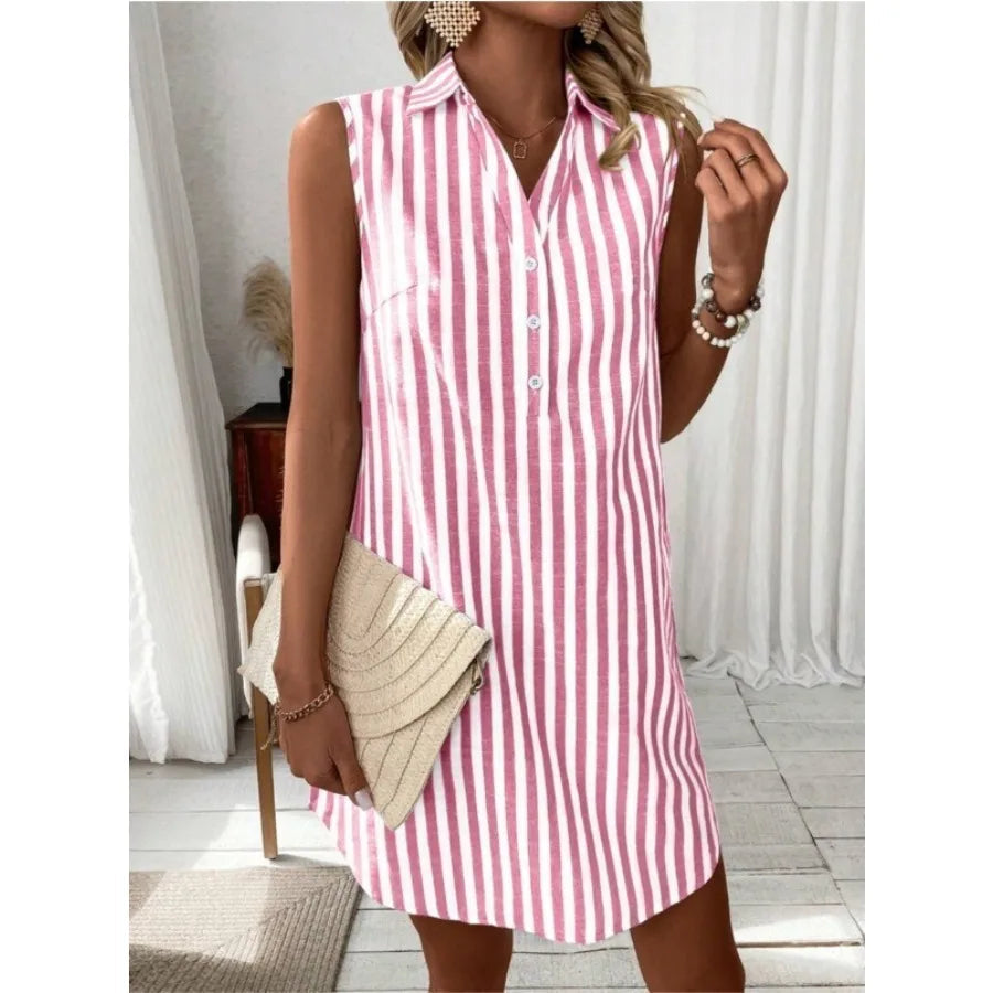Voguable  new European and American - hot sale sleeveless V-neck stripe fashionable loose button shirt dress voguable