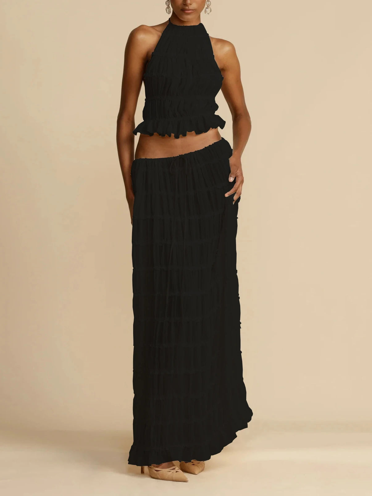 TARUXY Sexy Backless Halterneck Strappy Pleated Lace Vest Long Skirt Suit For Women Mesh Splice Solid Summer Beach Party Outfits voguable