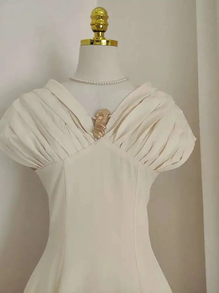 Solid Folds Design Dresses For Women Short Sleeve High Waist V Neck Elegant Long Dress Female Autumn 2025 New voguable