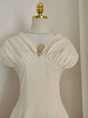 Solid Folds Design Dresses For Women Short Sleeve High Waist V Neck Elegant Long Dress Female Autumn 2025 New voguable