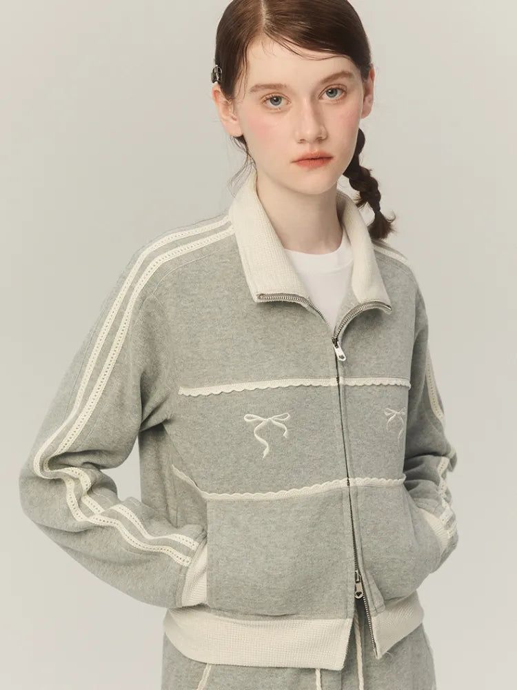 American Retro Lace Embroidery Zip Up Hoodie Bow Graphic Stand Collar Sweatshirt Causal Track Cardigan Kpop Clothes Chic voguable