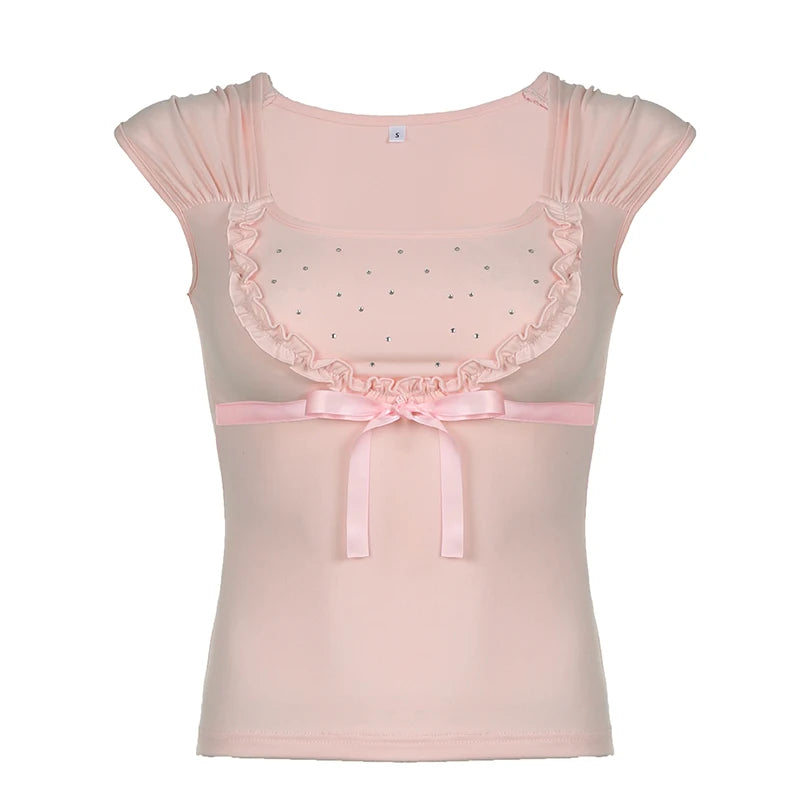 Voguable Y2K Rhinestone Frill Edge Bow T-shirt Pink Kawaii Japanese Lolita Casual Square Collar Short Sleeve Top Coquette Tees voguable