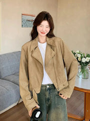 Retro Biker Faux Suede Jacket Women Fall Casual Long Sleeve Slim Short Coat Streetwear American Hip Hop Harajuku Tops New voguable