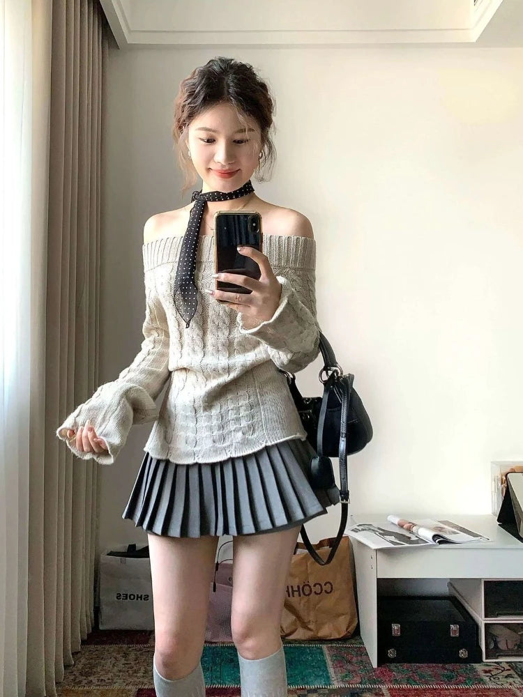 Korean Style Sexy Off Shoulder Sweater Women Sweet Elegant Long Sleeve Knitted Pullover Cute Fashion Slim Up Sweaters voguable
