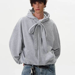 American solid strap design hooded sweatshirt cardigan men's autumn winter new coat couple tops loose versatile jacket voguable