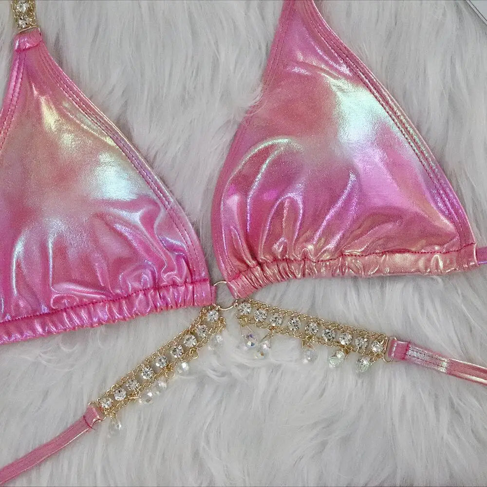Voguable Sexy Pink Brozing Bikini Set 2024 Women Luxury Rhinestone Criss Cross Bandage Micro Swimsuit Bathing Suit Diamond Thong Swimwear voguable