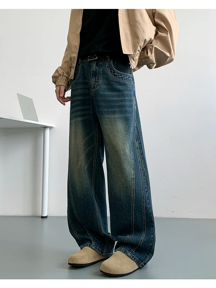 Winter Nostalgic Blue Jeans Men Chic Patchwork Loose Casual Denim Pants Wide Leg Male Straight Mopping Trouser Streetwear voguable