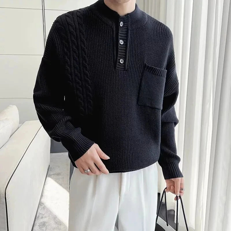 Korean Popular Men's Henry Collar Sweater Light Luxury Knit Long Sleeve Button Pullover Trending Jacquarded Solid Color Knitwear voguable