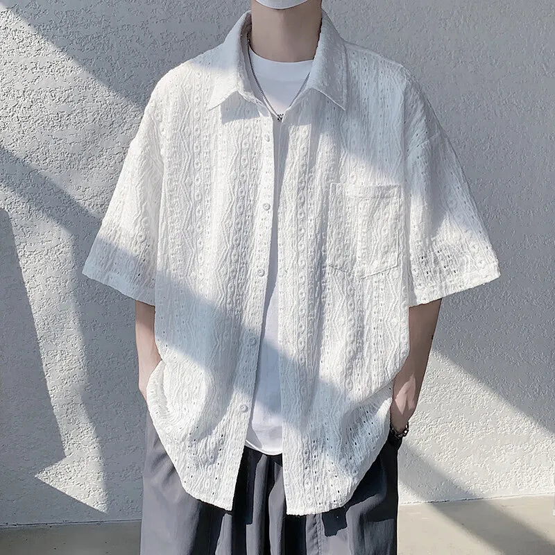 Summer Short Sleeved Shirt Men Casual White Shirt Men Streetwear Hip-hop Loose Hollow Shirt Mens Hawaiian Shirt Plus Size 5XL voguable