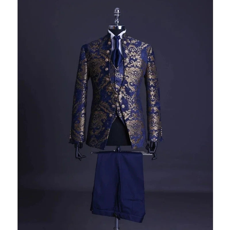 Voguable  Floral Men Suits for Wedding with Stand Collar Formal Groom Tuxedo 3 Pieces Custom Made Formal Fashion Jacket with Pants Vest voguable