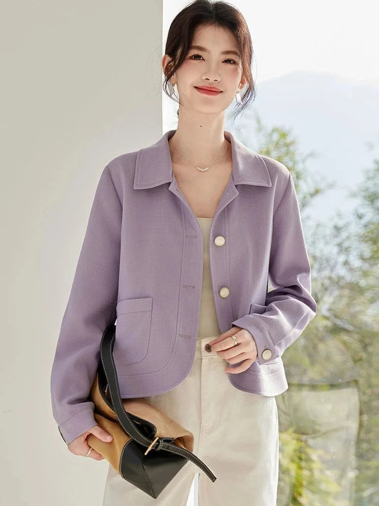 Elegant Slim Purple Jacket Women Sweet Long Sleeve Small Fragrance Coat Casual Fall Winter Lady French Pockets Fashion Tops voguable