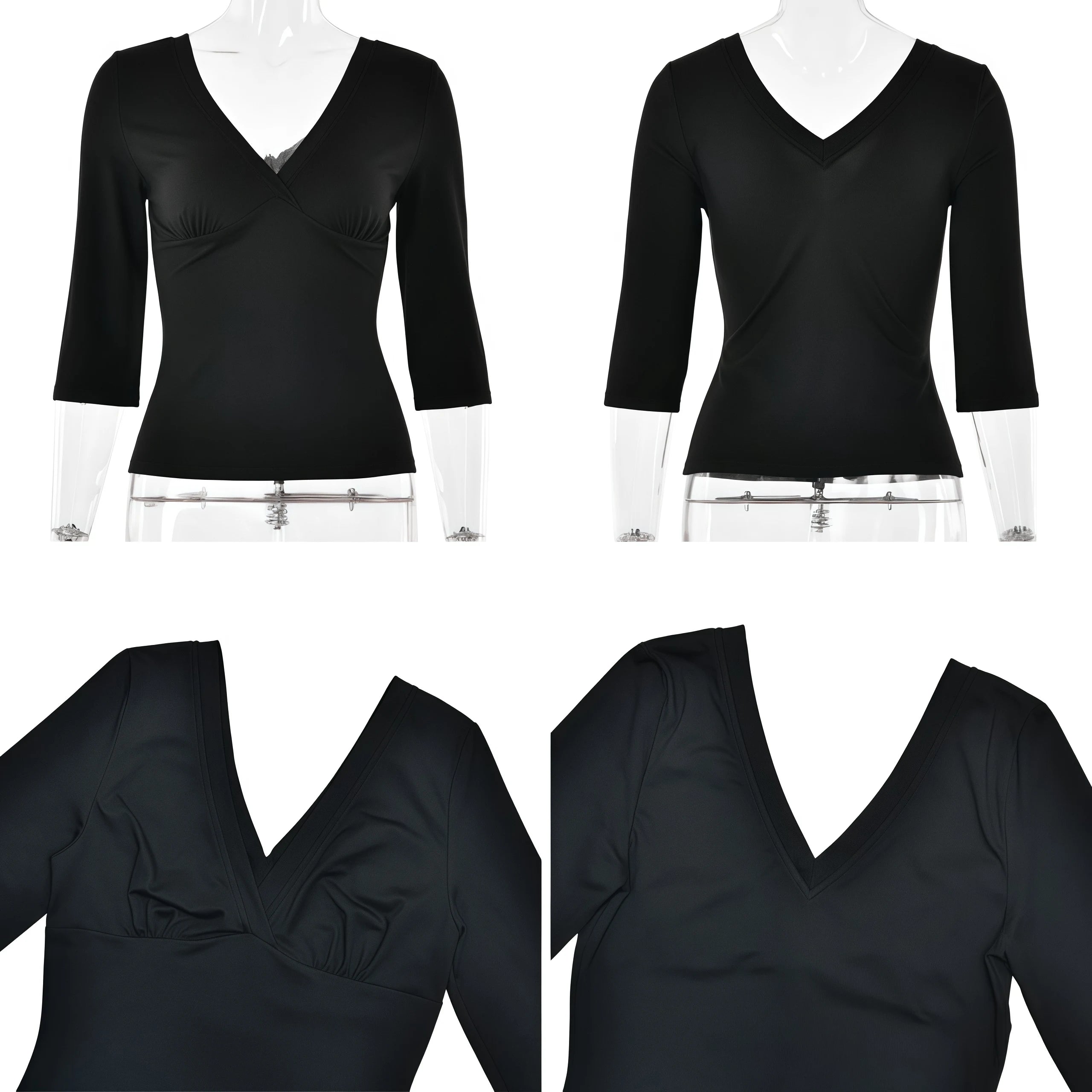 Voguable  Women Sexy Deep V Mid Sleeve Top Minimalist Solid Color Sexy Y2K Slim Casual Tee Spring Summer Outfit Streetwear voguable