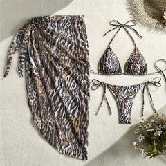Voguable  Holiday Leopard Print Swimwear Cover Up Halter String Triangle Bikinis Sets 3 Pieces Micro Thong Sexy Swimsuit Woman  Bikini voguable