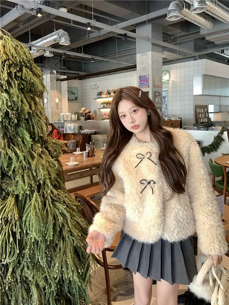 Cute Bow Faux Lamb Coat Women Sweet Winter Long Sleeve O Neck Jacket Slim Warm Korean Female Fashion Preppy Style Outwear Tops voguable