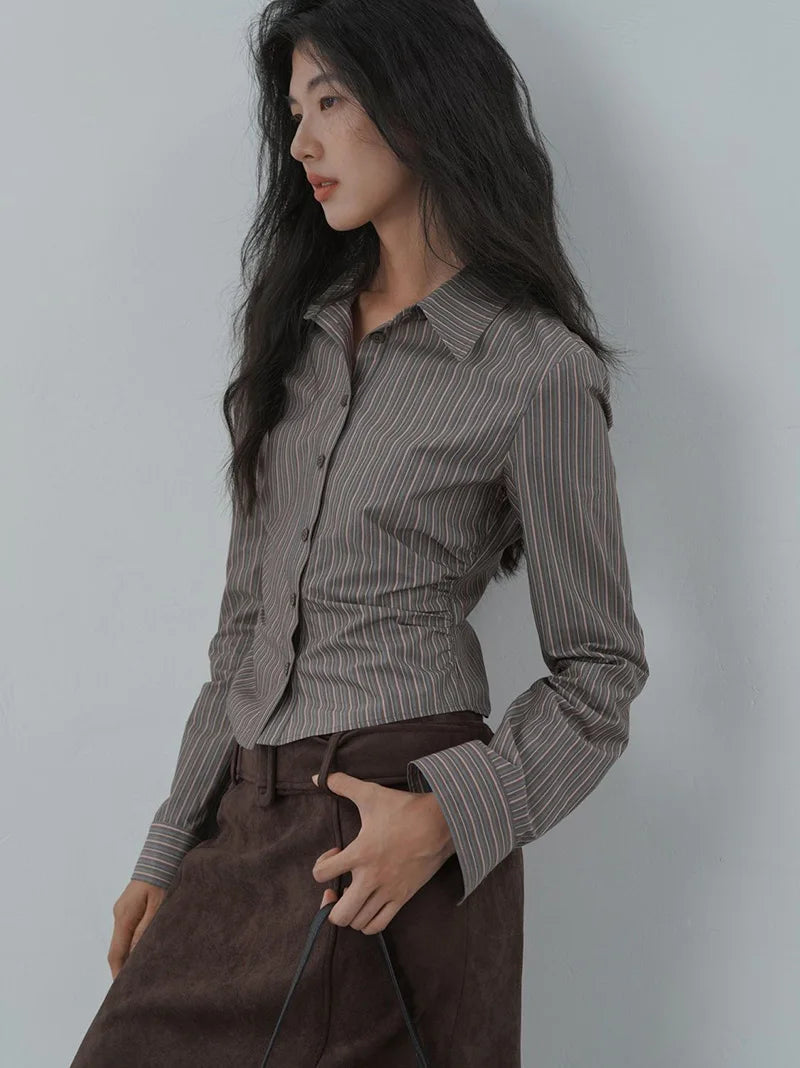 American Retro Slim Striped Shirt Fall Long Sleeve Harajuku Y2K Blouse Casual Vintage Female Streetwear Gothic Hip Hop New Tops voguable