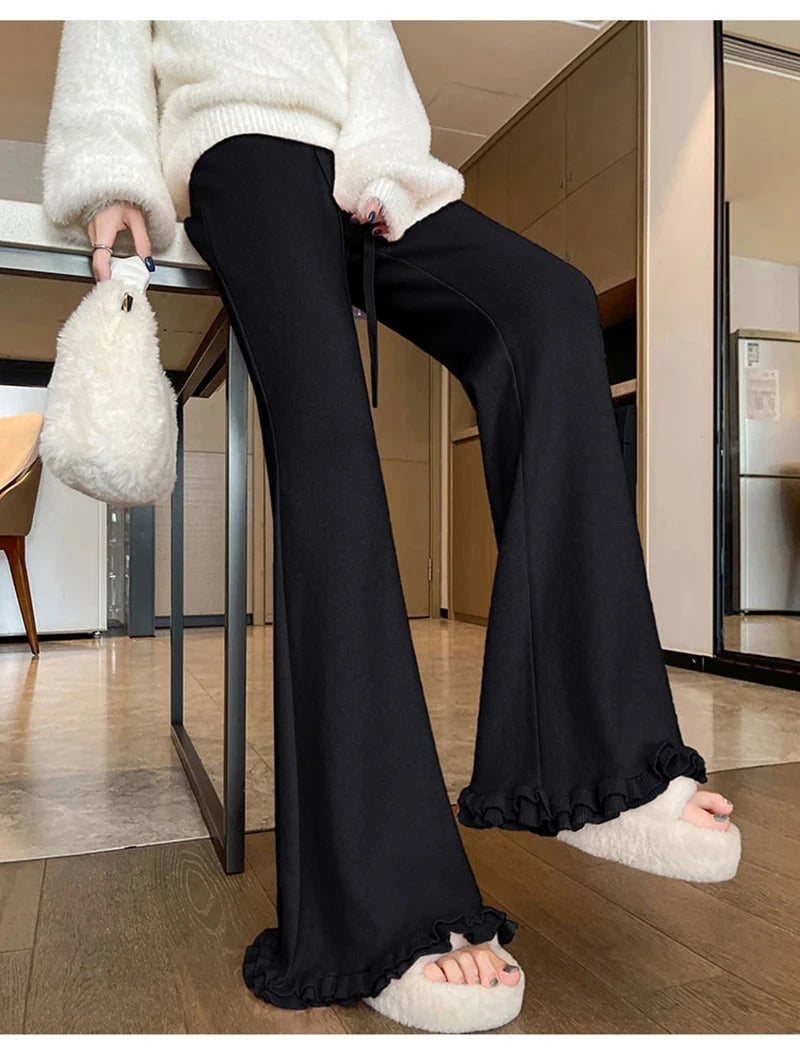 Ruffles Knitted Flare Pant Women High Waist Fashion Loose Fall Winter Trousers Korean Chic Elegant Lady Sweet Solid Pants voguable