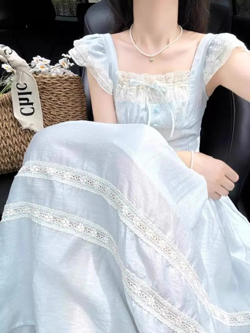 Voguable  Summer Sweet Fly Sleeve Blue Bownot Fairy Dress Slim French Style Patchwork Lace Dress A-line Women Casual Dress voguable