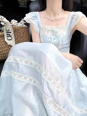 Voguable  Summer Sweet Fly Sleeve Blue Bownot Fairy Dress Slim French Style Patchwork Lace Dress A-line Women Casual Dress voguable