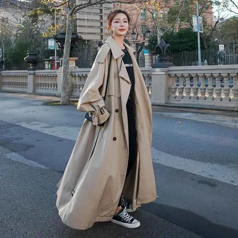 Korean Long Women Windbreaker Autumn Fashion Double Breasted Belt Casual Coats Elegant Office Lady Solid All Match Outerwear New voguable