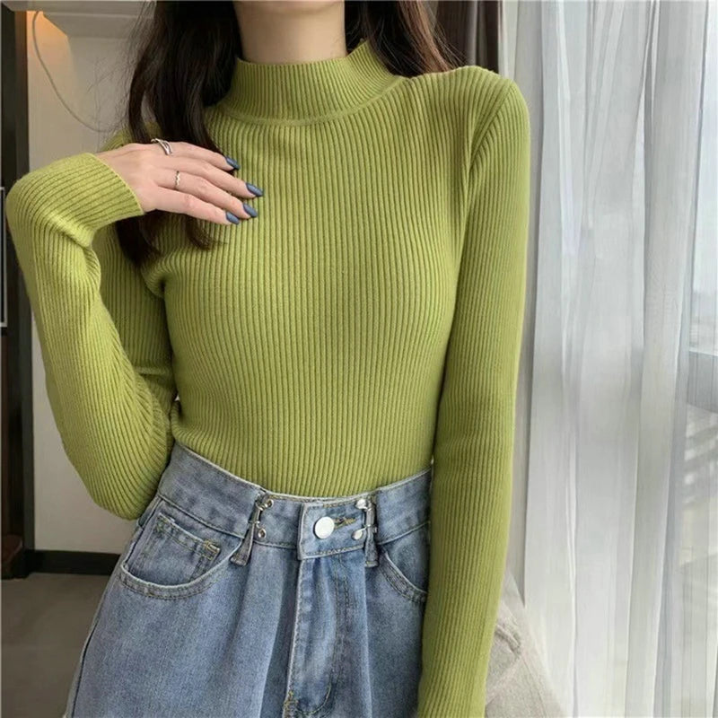 Elegant Solid Basic Knitted Tops Women Turtlneck Sweater Long Sleeve Casual Slim Pullover Korean Fashion Simple Chic Clothes voguable