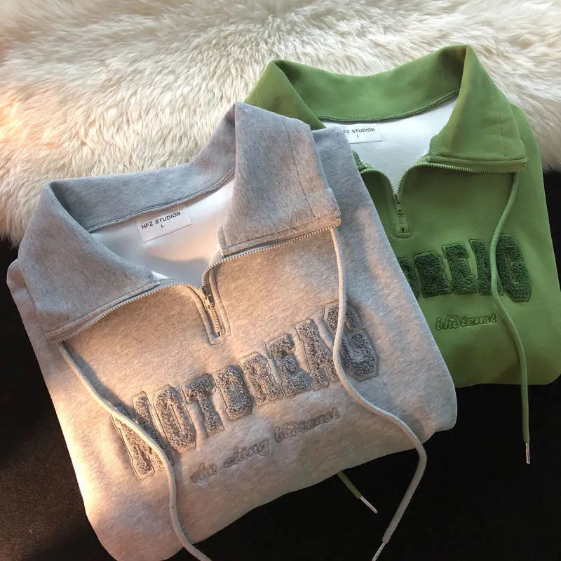 Voguable Green Vintage Zipper Draw String American Hiphop Sweatshirt Women Long Sleeve Pullover New Spring Loose Ins Thin High Street Top voguable