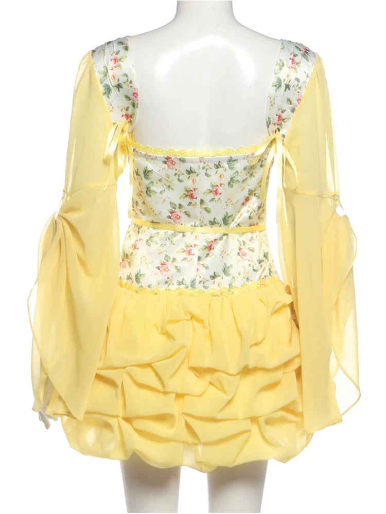 Voguable  Flare Sleeve Dress Women Patchwork Floral Print Puffy Hem Folds v-Neck Bandage Tassel Skinny Sweet Party Mini Bodycon voguable