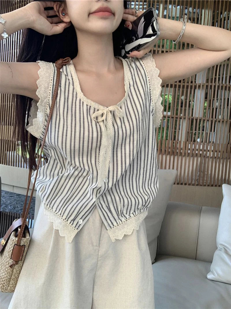 Striped Women Shirts Summer Lace Patchwork Loose Lace Up Casual Tops Korean Chic O Neck Sleeveless Button Blouse New voguable