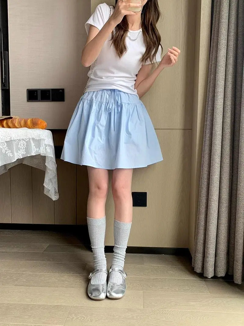Cotton Casual Short A-line Skirt for Women High Waist Blue Elastic Waist Tie bow Sweet Loose Sports Skirt with Safety Shorts voguable